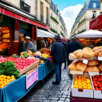 A bustling Parisian marketplace filled with vendors selling colorful flowers, fresh produce, and delicious pastries, captured in a vibrant, impressionistic style.