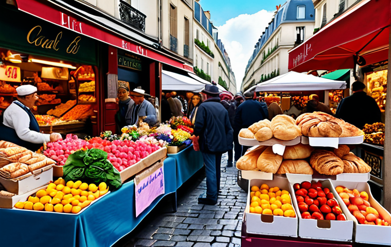 A bustling Parisian marketplace filled with vendors selling colorful flowers, fresh produce, and delicious pastries, captured in a vibrant, impressionistic style.