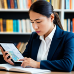 A professional female translator, fully clothed in a modest business blazer and blouse, seated at a sleek modern desk. She is intently focused on a document on her tablet, a thoughtful expression on her face. The background features blurred bookshelves filled with diverse books and a global map, subtly indicating linguistic and cultural range. Soft, professional lighting illuminates the scene. Perfect anatomy, correct proportions, natural pose, well-formed hands, proper finger count, natural body proportions. High-resolution, professional photography, safe for work, appropriate content, professional dress.