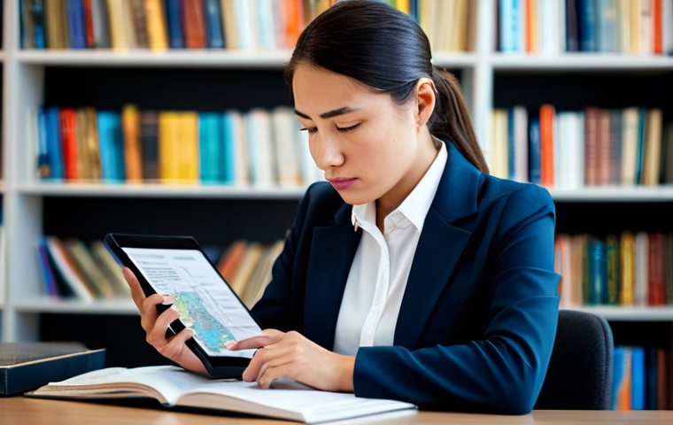 A professional female translator, fully clothed in a modest business blazer and blouse, seated at a sleek modern desk. She is intently focused on a document on her tablet, a thoughtful expression on her face. The background features blurred bookshelves filled with diverse books and a global map, subtly indicating linguistic and cultural range. Soft, professional lighting illuminates the scene. Perfect anatomy, correct proportions, natural pose, well-formed hands, proper finger count, natural body proportions. High-resolution, professional photography, safe for work, appropriate content, professional dress.