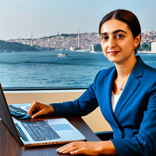 **

"A professional businesswoman in a modest business suit, sitting at a desk in a modern Istanbul office with a view of the Bosphorus, fully clothed, appropriate attire, safe for work, perfect anatomy, natural proportions, professional photography, high quality."

**