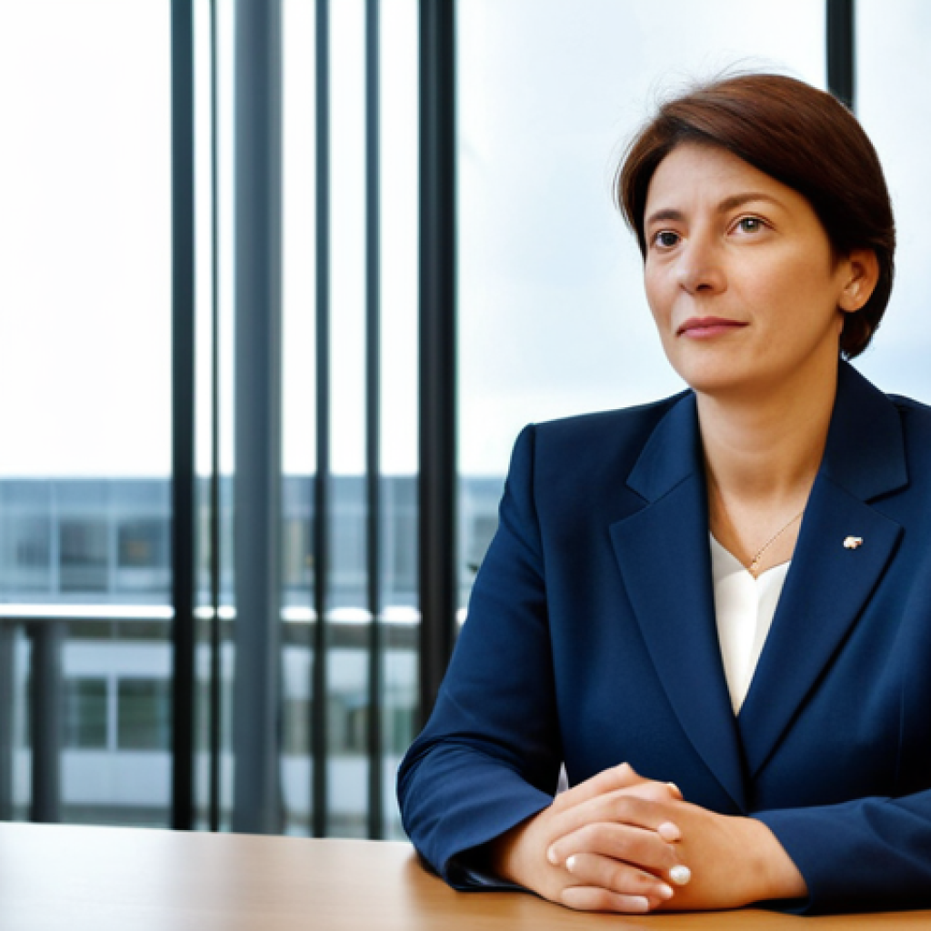 Business Meeting in Brussels**

A professional businesswoman in a modest dark blue business suit, sitting at a conference table in a modern office building in Brussels, Belgium. The EU flag is subtly visible in the background. Fully clothed, appropriate attire, safe for work, perfect anatomy, natural proportions, professional, high quality.

**