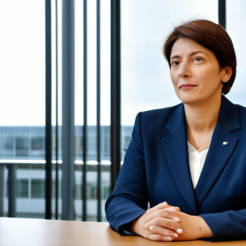 Business Meeting in Brussels**

A professional businesswoman in a modest dark blue business suit, sitting at a conference table in a modern office building in Brussels, Belgium. The EU flag is subtly visible in the background. Fully clothed, appropriate attire, safe for work, perfect anatomy, natural proportions, professional, high quality.

**