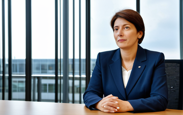 Business Meeting in Brussels**

A professional businesswoman in a modest dark blue business suit, sitting at a conference table in a modern office building in Brussels, Belgium. The EU flag is subtly visible in the background. Fully clothed, appropriate attire, safe for work, perfect anatomy, natural proportions, professional, high quality.

**