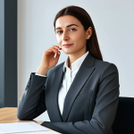 프랑스어 인사말 정리 - **Subject:** A professional businesswoman. **Clothing:** A modest, tailored business suit in charcoa...