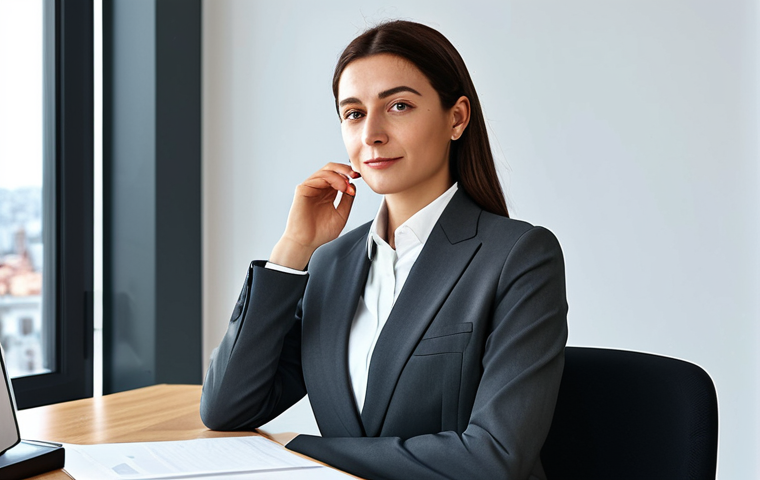 프랑스어 인사말 정리 - **Subject:** A professional businesswoman. **Clothing:** A modest, tailored business suit in charcoa...