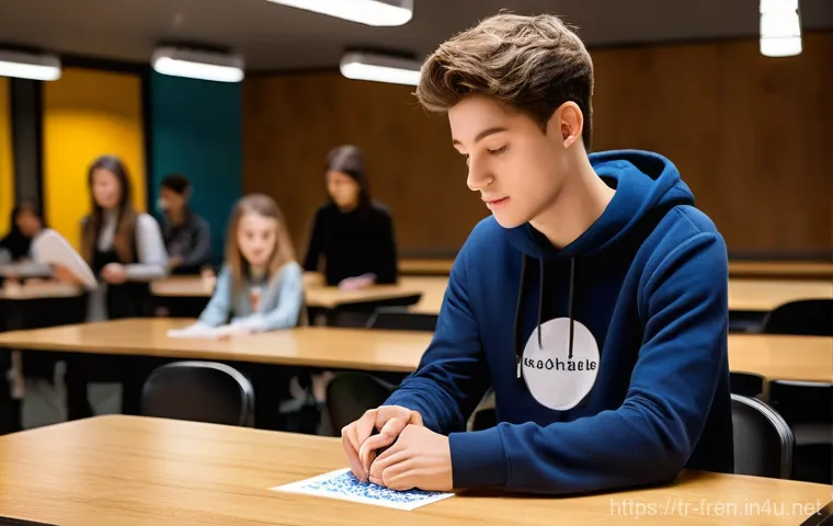 프랑스어 기초 문법 - **Prompt 1: The Magic of French Genders**
    "A young adult student, casually dressed in a comforta...