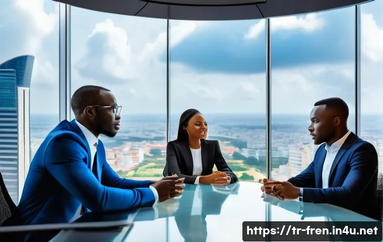 프랑스어 프랑스어의 미래 전망 - A vibrant and dynamic African business scene set in Abidjan, Ivory Coast, showing diverse young Afri...