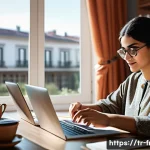 프랑스어 프랑스어와 AI 번역기 - A modern workspace scene showing a young Turkish adult woman sitting at a desk in a cozy home office...