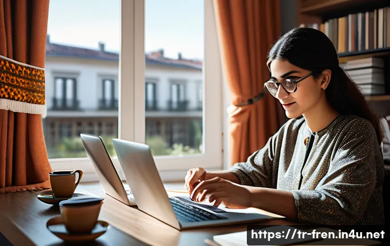 프랑스어 프랑스어와 AI 번역기 - A modern workspace scene showing a young Turkish adult woman sitting at a desk in a cozy home office...