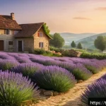 프랑스어 속담과 관용구 - A serene French countryside scene at dawn, featuring a cozy rustic village with stone houses and blo...