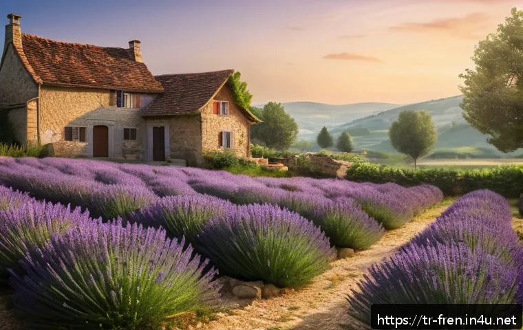 프랑스어 속담과 관용구 - A serene French countryside scene at dawn, featuring a cozy rustic village with stone houses and blo...