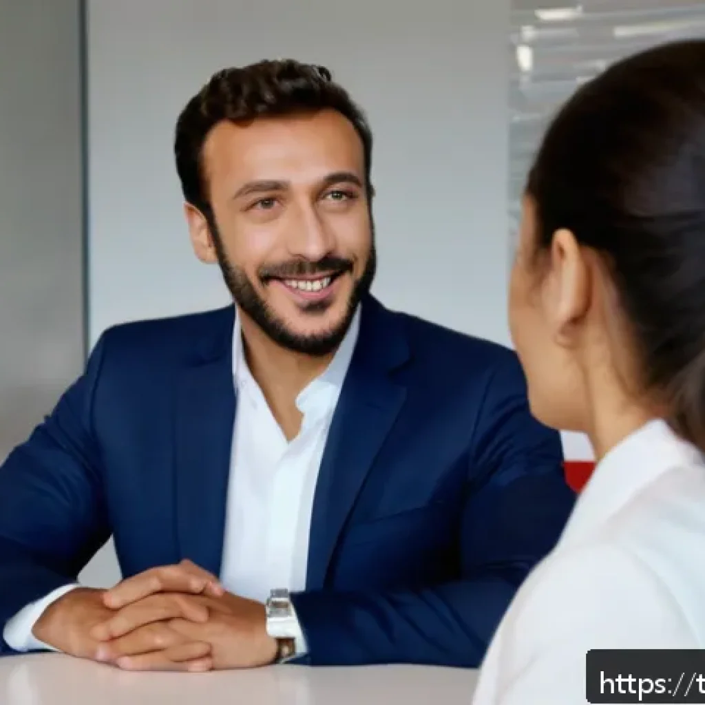 프랑스어 면접 준비법 - A professional French job interview scene featuring a well-dressed Turkish man in a dark navy suit, ...