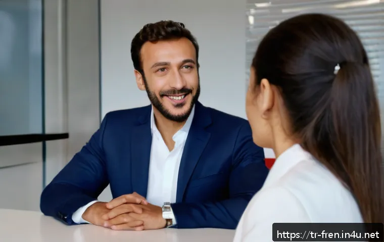 프랑스어 면접 준비법 - A professional French job interview scene featuring a well-dressed Turkish man in a dark navy suit, ...