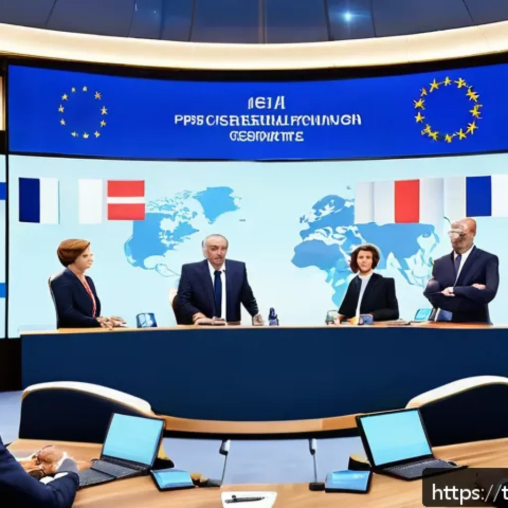 프랑스어 프랑스 정치 용어 - A detailed, realistic illustration of a formal European Union summit room showing French and other E...