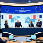프랑스어 프랑스 정치 용어 - A detailed, realistic illustration of a formal European Union summit room showing French and other E...