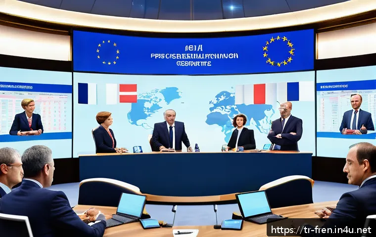 프랑스어 프랑스 정치 용어 - A detailed, realistic illustration of a formal European Union summit room showing French and other E...