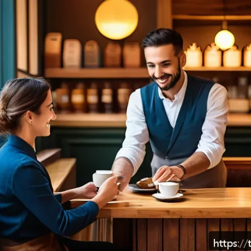 프랑스어 회화 표현 - Inside a cozy French café, a polite customer in stylish casual attire orders coffee from a waiter us...