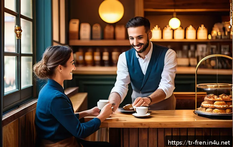 프랑스어 회화 표현 - Inside a cozy French café, a polite customer in stylish casual attire orders coffee from a waiter us...
